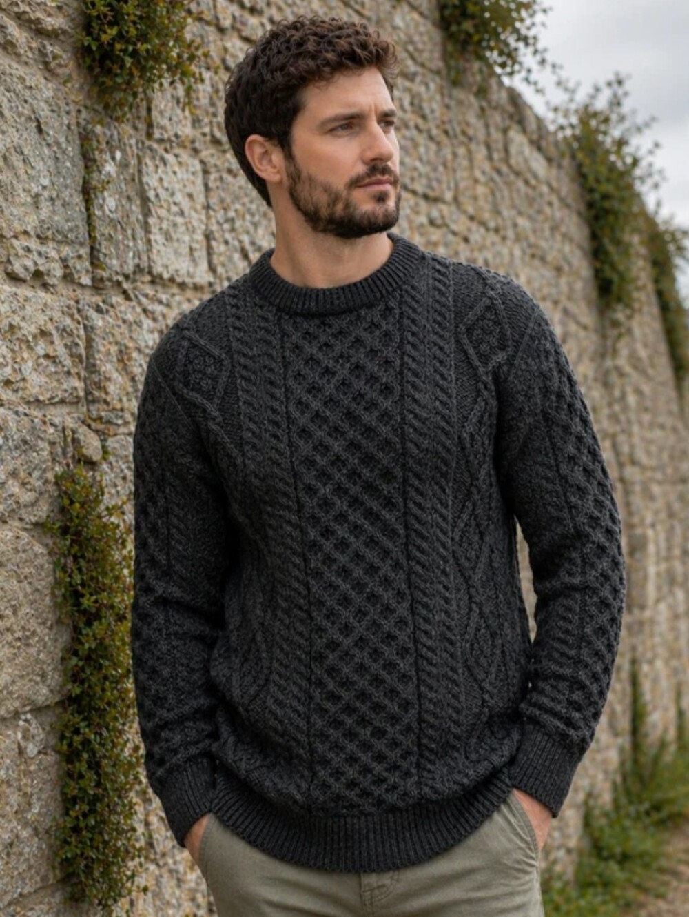Irish Aran Cable Knit Wool Sweater Fisherman Crew Chunky Ireland